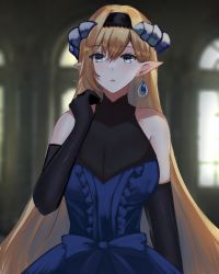 Rule 34 | 1girl, alternate costume, arknights, bare shoulders, black gloves, black hairband, blonde hair, blue dress, blue eyes, blue sealad, breasts, commentary, dress, elbow gloves, gloves, hair between eyes, hairband, hand up, highres, horns, indoors, large breasts, long hair, looking at viewer, parted lips, pointy ears, saileach (arknights), sleeveless, sleeveless dress, solo, upper body, very long hair, window