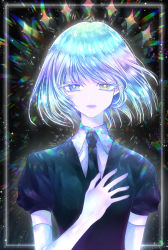 Rule 34 | 1other, androgynous, colored eyelashes, colored skin, crystal hair, diamond (houseki no kuni), elbow gloves, esol 98, gem uniform (houseki no kuni), gloves, hand on own chest, heterochromia, highres, houseki no kuni, looking at viewer, multicolored eyes, multicolored hair, necktie, rainbow eyes, rainbow hair, short hair, solo, upper body, white skin