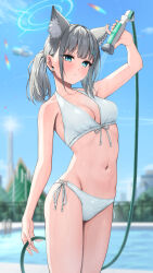 Rule 34 | 1girl, alternate costume, animal ear fluff, animal ears, bikini, blue archive, blue eyes, blue halo, blue sky, bowsan, breasts, commentary, cross hair ornament, day, earrings, extra ears, front-tie bikini top, front-tie top, grey hair, hair ornament, halo, highres, holding, holding shower head, jewelry, long hair, looking at viewer, medium breasts, mismatched pupils, navel, outdoors, parted lips, ponytail, poolside, shiroko (blue archive), shower head, side-tie bikini bottom, sky, solo, stud earrings, swimsuit, white bikini, wolf ears