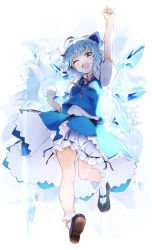 Rule 34 | 1girl, absurdres, arm up, black footwear, bloomers, blue bow, blue eyes, blue hair, blue skirt, blue vest, bow, cirno, collared shirt, fairy, full body, hair bow, highres, ice, ice wings, mary janes, one eye closed, open mouth, puffy short sleeves, puffy sleeves, shirt, shoes, short hair, short sleeves, skirt, smile, solo, tamiku (shisyamo609), touhou, underwear, vest, white bloomers, white shirt, wings