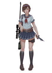 Rule 34 | 1girl, absurdres, belt, black skirt, black socks, brown eyes, brown footwear, brown hair, full body, gun, highres, holding, holding knife, holding weapon, kneehighs, knife, looking at viewer, original, parted lips, pleated skirt, pouch, red neckwear, rifle, school uniform, serafuku, shoes, short hair, simple background, skirt, sniper rifle, socks, solo, standing, thigh pouch, weapon, white background, xue qi ye (dndtmbdue)