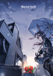 Rule 34 | 1girl, amiya (arknights), animal ears, arknights, asc11, black jacket, blue eyes, bouquet, brown hair, cloud, cloudy sky, english text, facing to the side, flower, graveyard, hair between eyes, highres, holding, holding umbrella, jacket, jewelry, long hair, long sleeves, looking to the side, open clothes, open jacket, pantyhose, ponytail, rabbit ears, rain, red flower, ring, rose, shirt, sidelocks, skirt, sky, solo, thigh strap, tombstone, umbrella