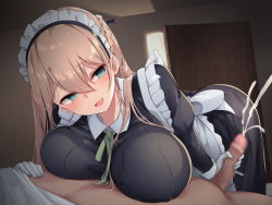 Rule 34 | 1girl, bent over, blush, braid, breast rest, breasts, brown hair, censored, cum, da-maid-san wa aisaretai!, door, ejaculation, french braid, frills, gloves, green eyes, hair between eyes, handjob, highres, indoors, large breasts, long hair, looking at viewer, lying, maid, maid headdress, mosaic censoring, open mouth, orgasm, original, osisio, penis, solo focus, white gloves