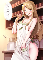 Rule 34 | 10s, 1girl, alternate breast size, apron, blonde hair, blush, breasts, brown eyes, cleavage, dagashi kashi, earclip, earrings, endou saya, female focus, hair ornament, hairclip, highres, jewelry, large breasts, long hair, looking at viewer, naked apron, open mouth, piercing, restaurant, sanpaku, smile, solo, souryu, translation request