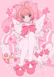 Rule 34 | 1girl, absurdres, antenna hair, bow, bowtie, brown hair, cardcaptor sakura, cherry blossoms, dress, flower (symbol), frills, fuuin no tsue, glove bow, gloves, green eyes, hand on own knee, hat, hat bow, highres, holding, holding wand, kinomoto sakura, kisumi rei, knees up, light smile, parted lips, pastel colors, pink background, pink bow, pink dress, pink hat, puffy sleeves, short hair, simple background, sitting, smile, solo, teeth, wand, watermark