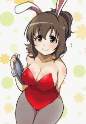Rule 34 | 1girl, animal ears, arm behind back, bare shoulders, breasts, brown eyes, brown hair, cleavage, closed mouth, commentary, cowboy shot, fake animal ears, flying sweatdrops, grey pantyhose, holding, holding tray, idolmaster, idolmaster cinderella girls, large breasts, leotard, looking at viewer, namiki meiko, pantyhose, petsuo (penpen), playboy bunny, rabbit ears, red leotard, short hair, short ponytail, smile, solo, standing, strapless, strapless leotard, thigh gap, tray, wrist cuffs