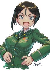 Rule 34 | 1girl, :d, artist name, black eyes, black hair, blouse, chouno ami, commentary, cropped torso, dress shirt, girls und panzer, green jacket, green necktie, hands on own hips, highres, jacket, japan ground self-defense force, japan self-defense force, kuroneko douji, long sleeves, looking at viewer, military, military uniform, necktie, open mouth, shirt, short hair, signature, simple background, sketch, smile, solo, swept bangs, uniform, white background, white shirt, wing collar