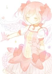 Rule 34 | 10s, 1girl, angel wings, blush, closed eyes, gloves, kaname madoka, magical girl, mahou shoujo madoka magica, mahou shoujo madoka magica (anime), pink hair, ribbon, sakuranbo remi, short twintails, smile, solo, twintails, wings