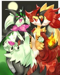 Rule 34 | 2others, :3, animal ear fluff, arm around waist, creatures (company), delphox, fang, fire, furry, game freak, gen 6 pokemon, heart, heart in mouth, highres, looking at viewer, mask, meowscarada, multiple others, nintendo, pkbunny, pokemon, pokemon (creature), purple eyes, red eyes, smile, smug, standing