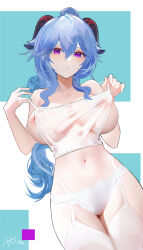 Rule 34 | 1girl, ahoge, aqua background, areola slip, bare shoulders, blue hair, breasts, breasts apart, camisole, closed mouth, crop top, ganyu (genshin impact), garter straps, genshin impact, goat horns, hair between eyes, hands up, holding, horns, inverted nipples, large breasts, long hair, looking at viewer, midriff, navel, nipples, omone hokoma agm, panties, purple eyes, see-through, sideboob, sidelocks, signature, simple background, solo, stomach, strap slip, thighhighs, thighs, two-tone background, underwear, underwear only, white background, white camisole, white garter straps, white panties, white thighhighs