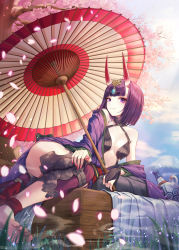 Rule 34 | 1girl, bad id, bad pixiv id, black thighhighs, breasts, fate/grand order, fate (series), hair ornament, highres, holding, horns, japanese clothes, kimono, kone (user rcvz8745), oil-paper umbrella, oni, open clothes, open kimono, petals, purple eyes, purple hair, purple kimono, revealing clothes, short hair, shuten douji (fate), sitting, skin-covered horns, small breasts, smile, solo, thighhighs, umbrella