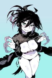 Rule 34 | 1girl, black bra, black feathers, black hair, black panties, black sweater, black wings, blue background, blue eyes, blush, bra, breasts, claws, cleavage, clothes lift, commentary request, crow-chan (karasu raven), feathered wings, feathers, hair between eyes, hair up, harpy, highres, karasu raven, lifted by self, medium breasts, messy hair, monster girl, original, panties, parted lips, ribbed sweater, short hair, side-tie panties, simple background, smile, solo, sweat, sweater, sweater lift, tail, underwear, wings