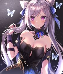 Rule 34 | 1girl, blush, bow, bowtie, breasts, bug, butterfly, cleavage, commentary request, dress, eyes visible through hair, formal, genshin impact, hair between eyes, hair ornament, highres, insect, keqing (genshin impact), keqing (opulent splendor) (genshin impact), large breasts, long hair, looking at viewer, necktie, purple eyes, purple hair, solo, suzumori (su2525)
