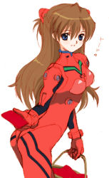Rule 34 | 1girl, ass, basket, beamed quavers, blue eyes, blush, bodysuit, bracer, breasts, brown hair, from side, giving, gloves, grin, hair between eyes, hair ornament, holding, leaning forward, long hair, looking at viewer, looking back, musical note, neon genesis evangelion, pilot suit, plugsuit, seiru (prairie), simple background, sketch, small breasts, smile, solo, souryuu asuka langley, turtleneck, white background