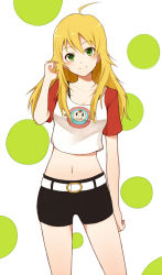 Rule 34 | 1girl, ahoge, belt, blonde hair, blush, breasts, casual, cleavage, crop top, green eyes, hoshii miki, idolmaster, idolmaster (classic), long hair, looking at viewer, midriff, navel, purea, shirt, shorts, simple background, smile, solo, t-shirt