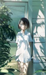 Rule 34 | 1girl, arms behind back, bare legs, black hair, blue eyes, bob cut, building, bush, closed mouth, collared shirt, commentary, cowboy shot, door, english commentary, highres, hose, light smile, litra (ltr0312), looking at viewer, no pants, original, outdoors, plant, shade, shirt, short hair, short sleeves, solo, white shirt