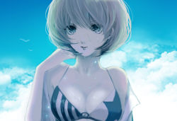 Rule 34 | 1girl, bikini, bikini top only, blonde hair, blue eyes, breasts, cleavage, cloud, light smile, off shoulder, open clothes, open shirt, original, shirt, short hair, sky, solo, swimsuit, uno (colorbox), wet