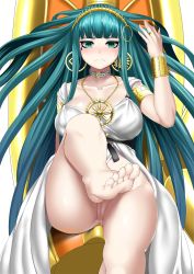 Rule 34 | 1girl, anus, aqua hair, armlet, bare legs, barefoot, blunt bangs, blush, bracelet, breasts, choker, cleopatra (fate), cleopatra (third ascension) (fate), closed mouth, collarbone, dress, earrings, fate/grand order, fate (series), feet, female focus, foreshortening, frown, green eyes, hairband, highres, hitotsuki nebura, jewelry, large breasts, leg up, long hair, looking at viewer, necklace, no panties, pussy, ringed eyes, sidelocks, solo, sweat, toes, uncensored, very long hair, white dress