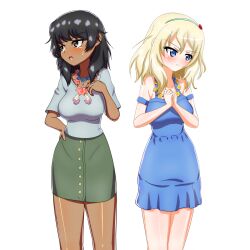Rule 34 | 2girls, andou (girls und panzer), black eyes, black hair, blonde hair, blue dress, blue eyes, blue hairband, blush, casual, closed mouth, commentary, dark-skinned female, dark skin, dress, earlobe1514366, frown, girls und panzer, green skirt, grey shirt, hairband, hand on own hip, highres, jewelry, looking away, medium hair, messy hair, multiple girls, necklace, off-shoulder dress, off shoulder, open mouth, oshida (girls und panzer), own hands together, pencil skirt, shirt, short dress, short sleeves, side-by-side, simple background, skirt, standing, sweatdrop, white background