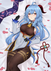 Rule 34 | 1girl, ahoge, bare shoulders, bed sheet, bell, black pantyhose, blue hair, breasts, clothes lift, covered navel, cowbell, detached sleeves, ganyu (genshin impact), genshin impact, gloves, hair down, half-closed eyes, highres, horns, l.tea, leotard, leotard under clothes, lifted by self, long hair, long sleeves, looking at viewer, lying, medium breasts, on back, pantyhose, red eyes, solo