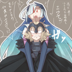 Rule 34 | 2girls, ahoge, anger vein, blonde hair, blood, blood from mouth, blush, brynhildr (fate), cape, fate/grand order, fate/prototype, fate/prototype: fragments of blue and silver, fate (series), fur-trimmed cape, fur trim, grey background, headbutt, hollomaru, jeanne d&#039;arc (fate), jeanne d&#039;arc (ruler) (fate), jeanne d&#039;arc alter (avenger) (fate), jeanne d&#039;arc alter (avenger) (first ascension) (fate), jeanne d&#039;arc alter (fate), long hair, multiple girls, translation request, v arms