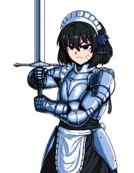Rule 34 | 1girl, apron, armor, bandages, black eyes, black hair, blue flower, blue rose, flower, formicid, gauntlets, hair between eyes, hair flower, hair ornament, highres, holding, holding weapon, injury, knight, maid, maid apron, maid headdress, medium hair, original, rose, simple background, solo, split mouth, sword, weapon, white background