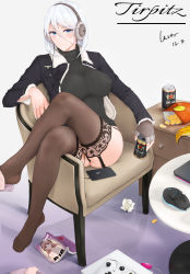 Rule 34 | 1girl, absurdres, ass, azur lane, beer can, black jacket, black panties, black sweater, black thighhighs, blue eyes, breasts, can, chair, character name, chips (food), controller, covered erect nipples, crossed legs, drink can, fingerless gloves, food, fur trim, garter straps, gloves, headphones, highres, historical name connection, jacket, jewelry, large breasts, laserflip, looking at viewer, magazine (object), messy, military jacket, mouse (animal), name connection, nightstand, no pants, open clothes, open jacket, panties, potato chips, ribbed sweater, ring, short hair, single glove, sitting, smile, solo, sweater, thighhighs, tirpitz (azur lane), tirpitz (warship girls r), turtleneck, turtleneck sweater, underwear, warship girls r, white hair