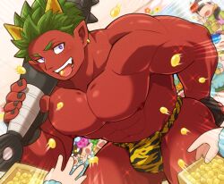 Rule 34 | abs, animal print, aopanda, bara, black gloves, black nails, bright pupils, bulge, club, club (weapon), collarbone, colored skin, cone horns, earrings, faceless, fang, fingerless gloves, fundoshi, gloves, green hair, highres, holding, holding weapon, horns, japanese clothes, jewelry, kanabou, kindergarten uniform, large pectorals, male focus, mamemaki, masu, muscular, muscular male, nipples, original, pectorals, pointy ears, purple eyes, red skin, setsubun, single earring, soybean, tiger print, tongue, tongue out, topless male, v-shaped eyebrows, weapon, white pupils, yellow horns