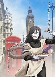 Rule 34 | 1boy, arm up, arrow (symbol), belt, black eyes, black hair, black pants, blue sky, chopsticks, clock, clock tower, closed mouth, cloud, cluseller, colored sclera, colored skin, covered collarbone, cowboy shot, day, dumpling, elizabeth tower, england, fang, food, hand up, happy, japanese text, lamppost, layered sleeves, long hair, long sleeves, male focus, naruto, naruto (series), open mouth, orochimaru (naruto), outdoors, pants, phone booth, plate, real world location, rope, shirt, short over long sleeves, short sleeves, sky, slit pupils, smile, snake, solo, standing, teeth, tower, translation request, v-shaped eyebrows, white skin, yellow eyes, yellow sclera, yellow shirt