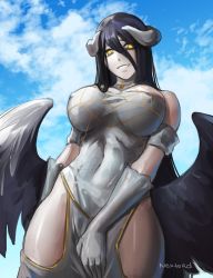 Rule 34 | 1girl, albedo (overlord), artist name, bare shoulders, black hair, breasts, commentary, covered erect nipples, demon girl, demon horns, demon wings, dress, english commentary, feathered wings, from below, gloves, hair between eyes, hand on own crotch, hip vent, horns, large breasts, long hair, looking at viewer, nextoad, overlord (maruyama), sky, slit pupils, smile, solo, very long hair, white dress, white gloves, wings, yellow eyes