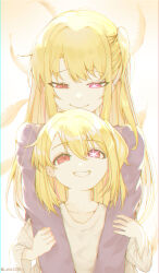Rule 34 | 2girls, absurdres, blonde hair, child, closed mouth, commentary, dual persona, eyes visible through hair, falling feathers, feathers, grin, hair between eyes, happy, highres, hoshino ruby, hug, hug from behind, long hair, long sleeves, looking at another, looking down, looking up, medium hair, multiple girls, niho12261, one side up, oshi no ko, red eyes, school uniform, shirt, simple background, smile, star-shaped pupils, star (symbol), straight hair, symbol-shaped pupils, twitter username, upper body, white shirt, wide sleeves, yellow background