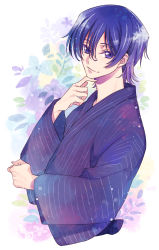 Rule 34 | 1boy, absurdres, bad id, bad pixiv id, closed mouth, code geass, cropped torso, from side, highres, japanese clothes, kimono, kubird meme, lelouch vi britannia, long sleeves, male focus, purple kimono, smile, solo, striped clothes, striped kimono, white background