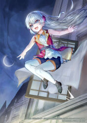 1girl :d bare_arms belt_buckle black_shorts buckle canata_katana character_request copyright_request crescent_moon floating_hair flower grey_eyes grey_footwear grey_hair hair_between_eyes hair_flower hair_ornament highres jacket jumping long_hair moon night novel_illustration official_art open_clothes open_jacket open_mouth pantyhose pantyhose_under_shorts red_flower red_jacket shirt short_shorts shorts sleeveless sleeveless_jacket sleeveless_shirt smile solo straight_hair very_long_hair white_pantyhose white_shirt