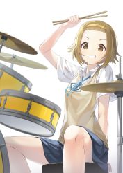 Rule 34 | 1girl, :d, absurdres, arm up, bad id, bad pixiv id, black skirt, blue ribbon, brown eyes, brown hair, collared shirt, drum, drum set, drumsticks, feet out of frame, forehead, grin, hairband, highres, holding, huge filesize, instrument, k-on!, kimyo, looking at viewer, miniskirt, neck ribbon, open mouth, ribbon, school uniform, shirt, short hair, short sleeves, simple background, sitting, skirt, smile, solo, stool, sweater vest, tainaka ritsu, teeth, white background, white shirt, wing collar, yellow hairband