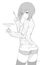 Rule 34 | 1girl, alternate costume, ass, birthday, breasts, cake, commentary, dated, food, fork, greyscale, happy birthday, highres, holding, holding fork, holding plate, kantai collection, long sleeves, looking at viewer, looking back, monochrome, plate, ribbed sweater, short hair, short shorts, shorts, simple background, sleeves past wrists, small breasts, smile, solo, sweater, symbol-only commentary, taihou (kancolle), thighhighs, tsukira (amayadori), turtleneck, turtleneck sweater