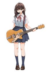 Rule 34 | 1girl, :|, arm at side, black eyes, black skirt, black socks, brown footwear, brown hair, calf socks, closed mouth, collared shirt, electric guitar, expressionless, guitar, hair behind ear, hand up, high-waist skirt, highres, holding, holding instrument, instrument, loafers, long hair, looking at viewer, matsuda hikari, miniskirt, mouth hold, neck ribbon, original, pleated skirt, plectrum, plectrum in mouth, red ribbon, ribbon, school uniform, shirt, shirt tucked in, shoes, short sleeves, simple background, skirt, socks, solo, standing, strap, tented shirt, white background, white shirt, wing collar