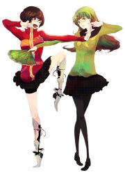 Rule 34 | alternate color, alternate costume, alternate hair color, alternate hairstyle, amagi yukiko, atlus, bike shorts, fusion, glasses, green eyes, green hair, hairband, hairstyle switch, hand fan, jacket, long hair, panties, pantyhose, persona, persona 4, red eyes, red hair, role reversal, satonaka chie, school uniform, short hair, simple background, skirt, smile, underwear