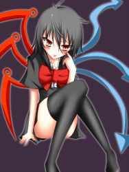 Rule 34 | 1girl, bad id, bad pixiv id, black hair, black thighhighs, blush, bow, female focus, gradient background, highres, houjuu nue, red eyes, short hair, sitting, solo, suterii, thighhighs, tongue, touhou, wings
