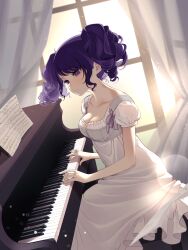 Rule 34 | 1girl, a01macaron, absurdres, alternate costume, bare arms, blush, breasts, cleavage, collarbone, curtains, dress, highres, idolmaster, idolmaster shiny colors, indoors, instrument, light smile, long hair, medium breasts, music, piano, playing instrument, puffy short sleeves, puffy sleeves, purple eyes, purple hair, short sleeves, solo, sunlight, tanaka mamimi, twintails, white dress