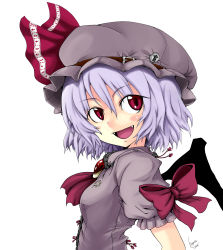 Rule 34 | 1girl, absurdres, alternate color, ascot, bow, brooch, dress, female focus, hat, hayate-s, highres, jewelry, puffy sleeves, purple hair, red eyes, remilia scarlet, ribbon, short hair, smile, solo, touhou, upper body, white background, wings