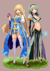 Rule 34 | 2girls, :d, arch bishop (ragnarok online), black footwear, black hairband, black pants, blonde hair, blue dress, blue eyes, blush, book, breasts, cleavage, cleavage cutout, closed mouth, clothing cutout, coat, commentary request, cross, dress, fishnet legwear, fishnets, full body, green eyes, green hair, grey coat, grey legwear, hairband, half updo, high heels, holding, holding book, holding staff, juliet sleeves, large breasts, long hair, long sleeves, looking at viewer, looking to the side, multiple girls, navel, open mouth, panties, pants, puffy sleeves, ragnarok online, short hair, smile, staff, standing, thighhighs, two-tone dress, underwear, very long hair, warlock (ragnarok online), white dress, yaten, yellow panties