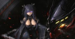 Rule 34 | 1girl, absurdres, august von parseval (azur lane), azur lane, bare shoulders, black dress, breasts, cleavage, cleavage cutout, clothing cutout, cross, curled horns, dress, fish g, glowing, glowing eyes, hair over one eye, highres, horns, iron cross, large breasts, long hair, looking at viewer, mechanical horns, microdress, non-humanoid robot, one eye covered, purple eyes, purple hair, robot dragon, solo, very long hair, wide sleeves