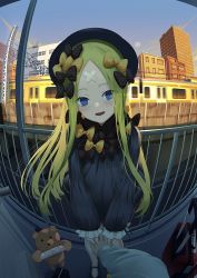 Rule 34 | 1girl, abigail williams (fate), black bow, black dress, black headwear, blonde hair, bloomers, blue eyes, blush, bow, breasts, commentary request, crossed bandaids, dress, fate/grand order, fate (series), fisheye, forehead, hair bow, hat, highres, long hair, long sleeves, looking at viewer, motion blur, open mouth, orange bow, parted bangs, pov, pov hands, ribbed dress, rolling suitcase, shiro ami, sleeves past fingers, sleeves past wrists, small breasts, smile, solo focus, standing, stuffed animal, stuffed toy, suitcase, teddy bear, underwear, white bloomers