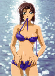 Rule 34 | 1990s (style), 1girl, absurdres, antenna hair, bikini, bikini in mouth, blue bikini, blurry, bob cut, breasts, breasts apart, brown hair, cleavage, clenched teeth, clothes in mouth, cowboy shot, depth of field, green eyes, highres, hip focus, looking at viewer, mouth hold, nakajima atsuko, narrow waist, navel, ocean, official art, open fly, outdoors, retro artstyle, short hair, solo, sports bikini, standing, swimsuit, taiho shichauzo, teeth, tsujimoto natsumi, unbuttoned, unfastened, unzipped, water