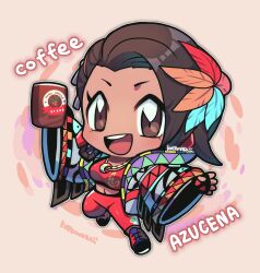 Rule 34 | 1girl, azucena milagros ortiz castillo, black gloves, brown eyes, brown hair, character name, chibi, coffee, cup, earrings, fingerless gloves, gloves, highres, holding, holding cup, jewelry, kotorai, midriff, mug, navel, open mouth, pants, peruvian, pink background, red pants, red shirt, shirt, short hair, signature, solo, teeth, tekken, upper teeth only