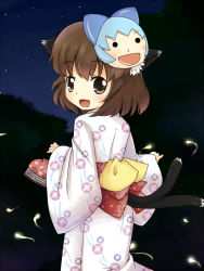 Rule 34 | aiba kou, animal ears, brown hair, cat ears, cat tail, chen, cirno, japanese clothes, kimono, mask, multiple tails, short hair, solo, tail, touhou