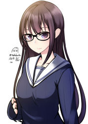 Rule 34 | 1girl, brown eyes, brown hair, closed mouth, dated, glasses, long hair, nekobaka, original, sailor collar, signature, solo, upper body, white background