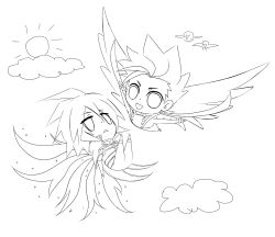 Rule 34 | 00s, age difference, bird, chibi, father and son, flying, kratos aurion, lloyd irving, lowres, male focus, monochrome, short hair, sun, tales of (series), tales of symphonia, wings