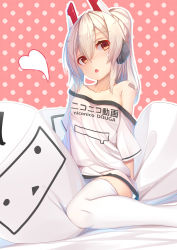Rule 34 | 1girl, animal ears, arm at side, arm support, ayanami (azur lane), ayanami (niconico) (azur lane), azur lane, bare shoulders, bed sheet, blush, breasts, brown eyes, collarbone, commentary request, copyright name, hair between eyes, head tilt, headphones, heart, high ponytail, highres, looking at viewer, niconico, nose blush, off-shoulder shirt, off shoulder, parted lips, pillow, pink background, polka dot, polka dot background, ponytail, shirt, short sleeves, silver hair, sitting, small breasts, solo, tatapopo, terebi-chan, thighhighs, white background, white shirt