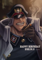 Rule 34 | blurry, blurry background, brown gloves, cigar, depth of field, english text, gloves, hat, highres, military, military hat, military uniform, one piece, open mouth, shiryuu (one piece), smoke, smoking, teeth, uniform, upper body, watermark, youkan (tako)